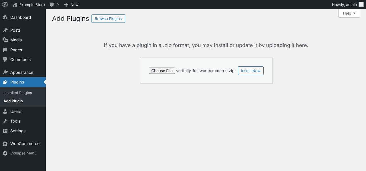 Example: Plugins > Add Plugin > Upload Plugin, with the Veritally zip chosen