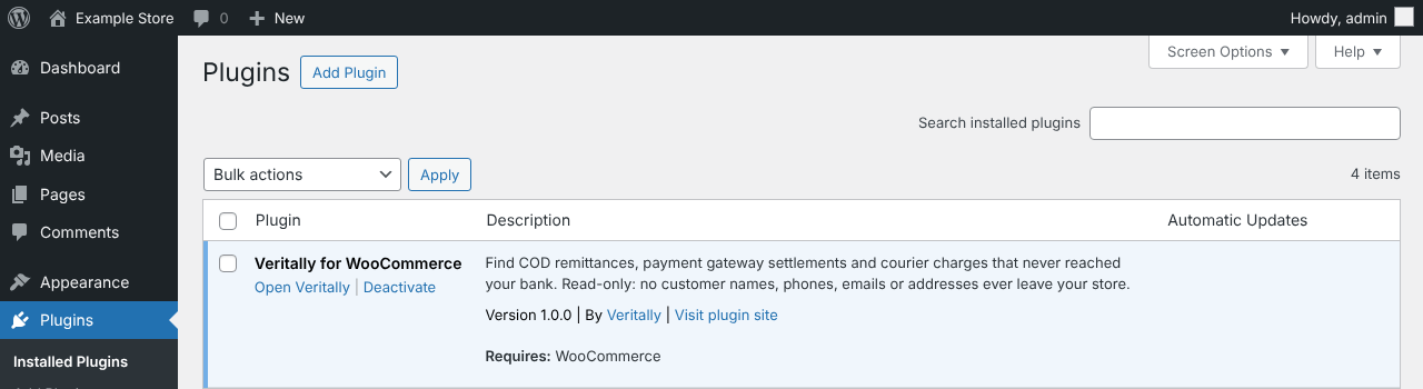 Example: Veritally for WooCommerce active in the plugin list