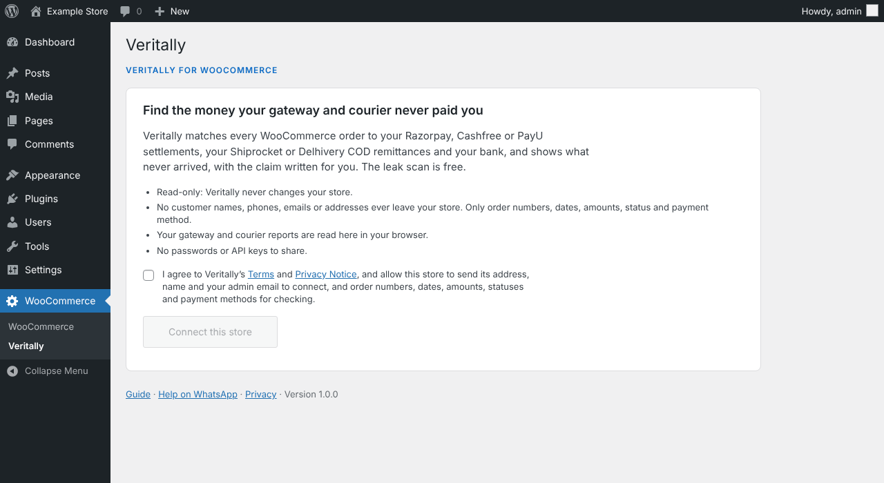 Example: the connect screen inside WordPress, before agreeing