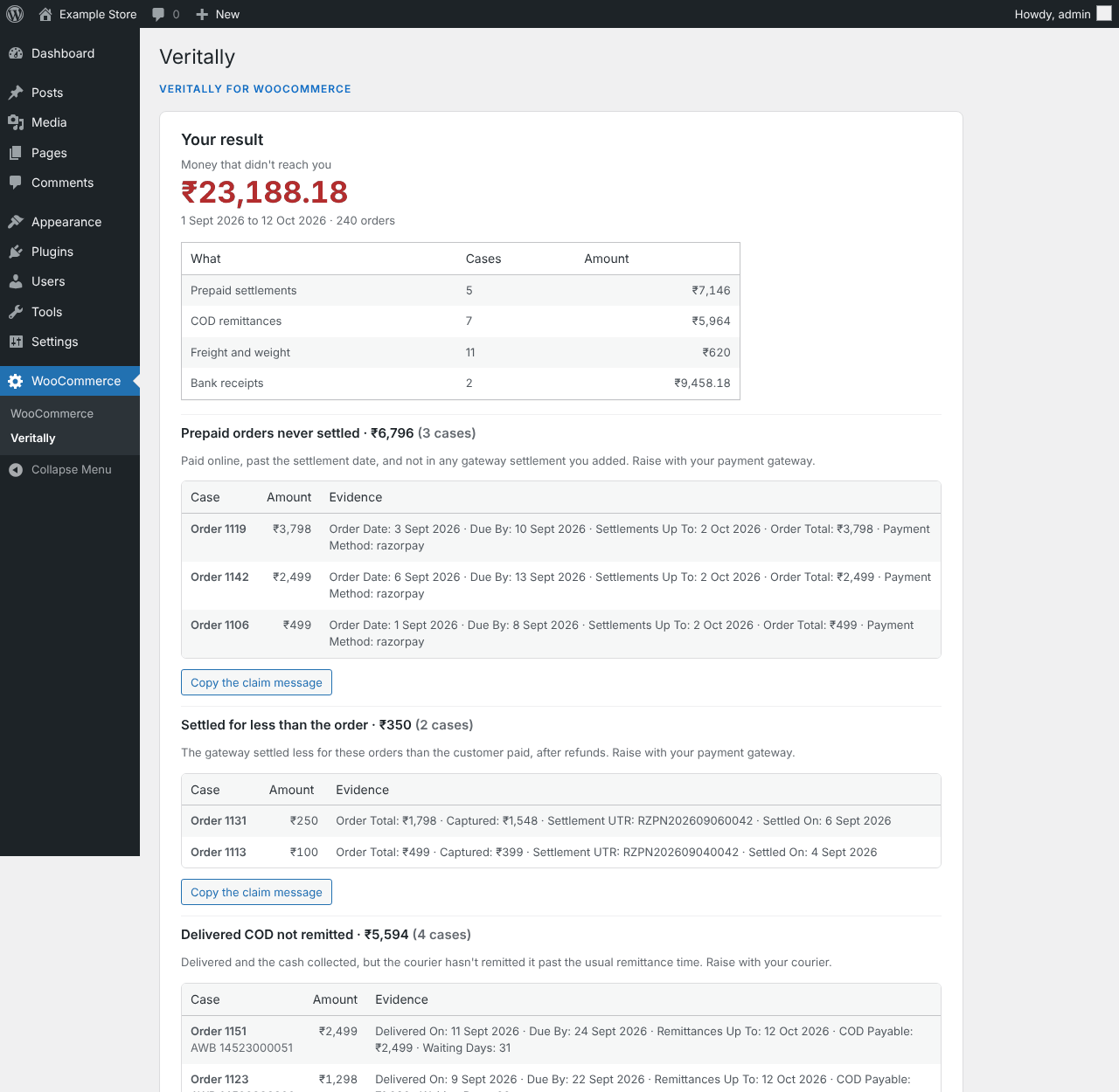Example: with a plan, every case with its evidence and a claim message (sample data)