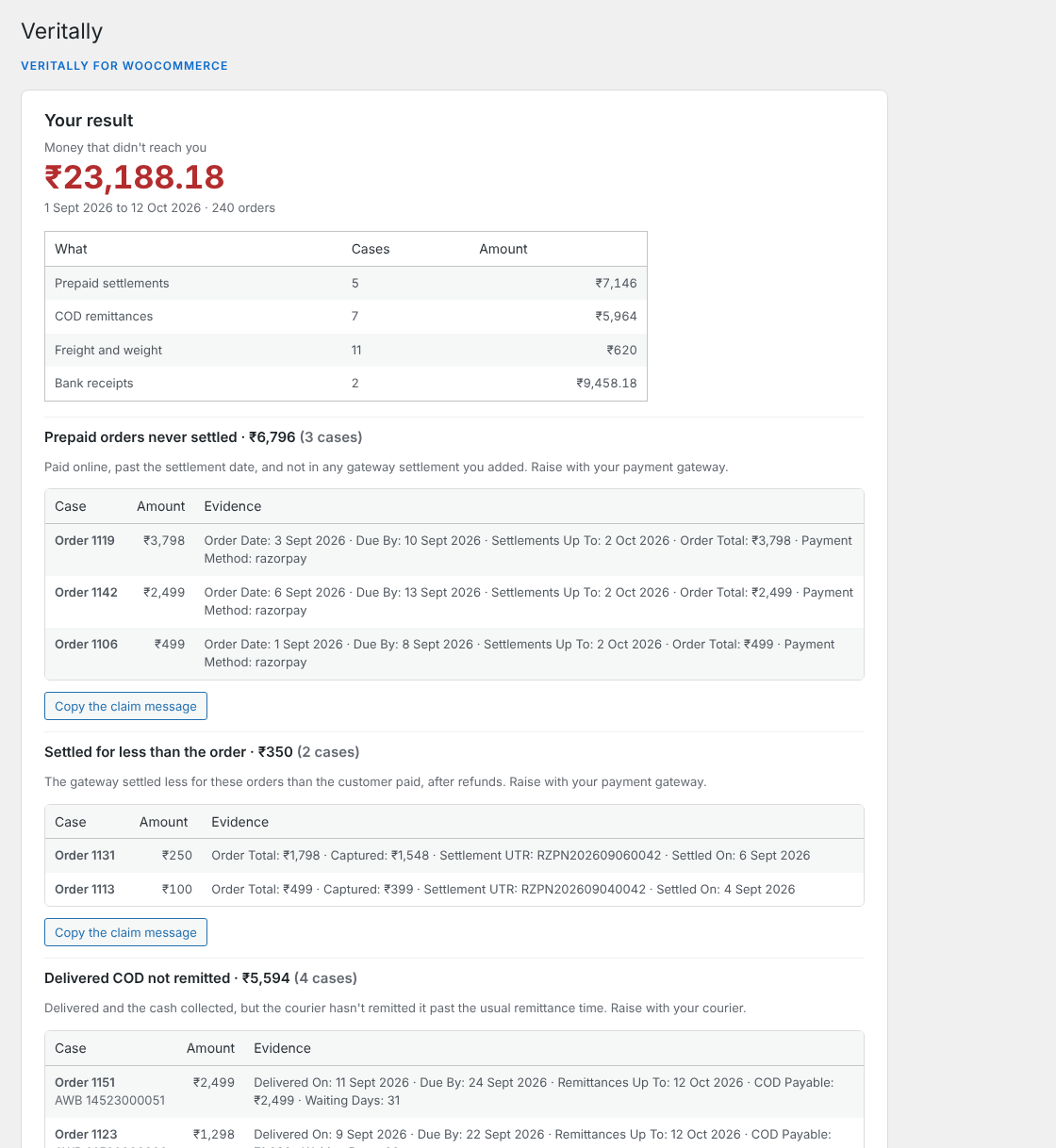 A paid plan shows every order behind each gap with a claim message
